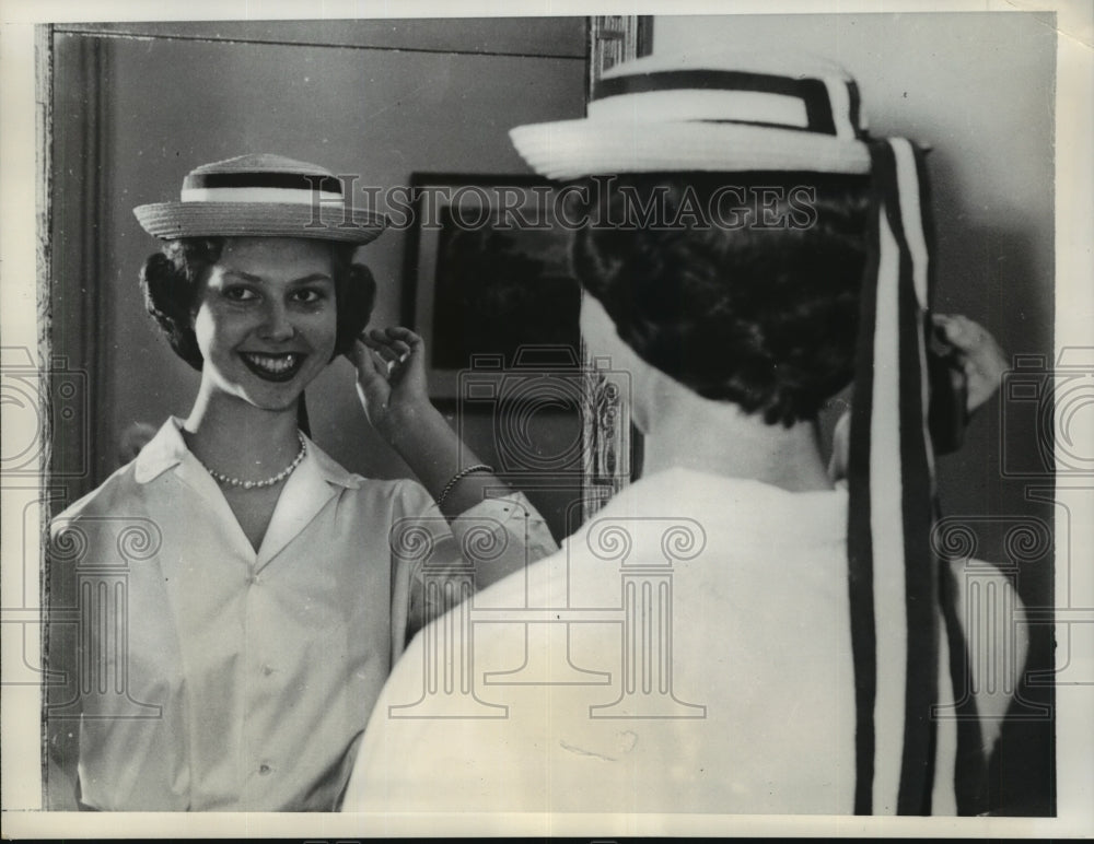 1956 Press Photo Princess Desiree Tries On Her &quot;School Hat&quot; Before Graduation - Historic Images