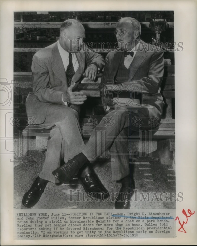 1952 Press Photo Gen.Dwight Eisenhower and John Foster Dulles chat at a park-Historic Images