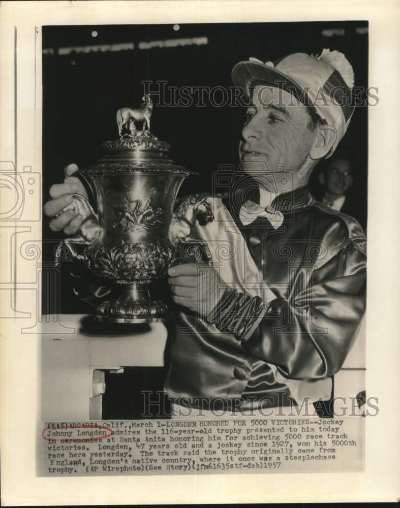 1957 Press Photo Jockey Johnny Longden in Santa Anita Ceremony in Arcadia - Historic Images