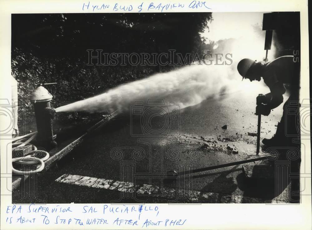 1992 Press Photo Sal Puciarillo works on a gushing fire hydrant in Princes Bay - Historic Images