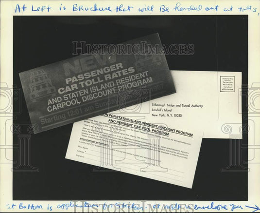 1987 Press Photo Verrazano-Narrows Bridge car-pool discount brochures - Historic Images