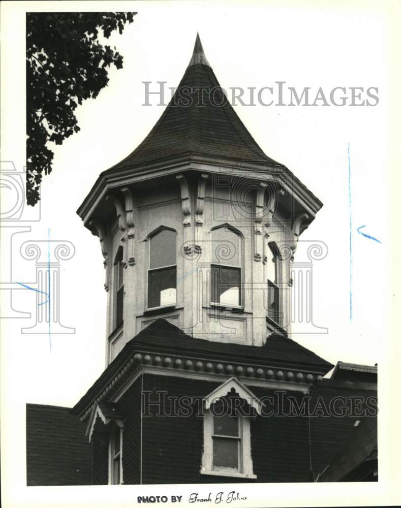1987 Exterior view of a Victorian style tower and turret - Historic Images