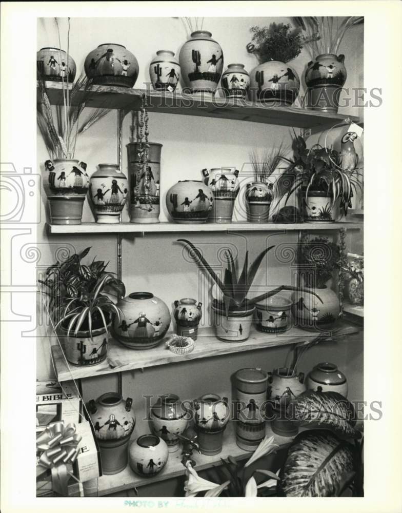 1981 Press Photo Native American themed pottery at Serenity Gardens - Historic Images