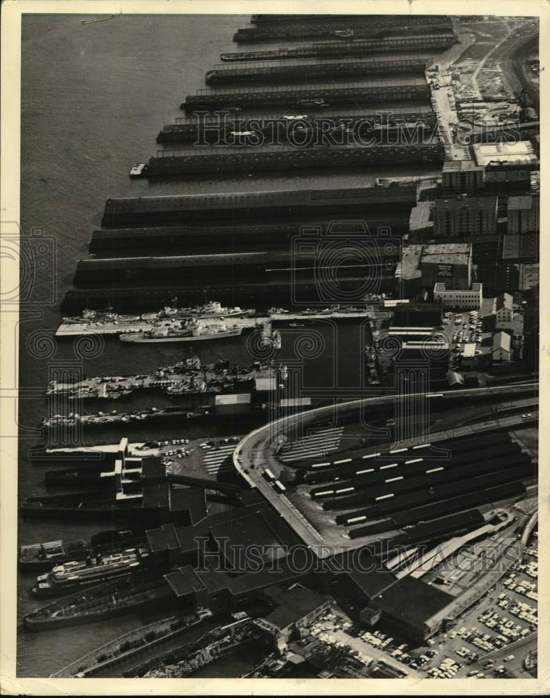 1965 Aerial view of ships docked at piers-Historic Images