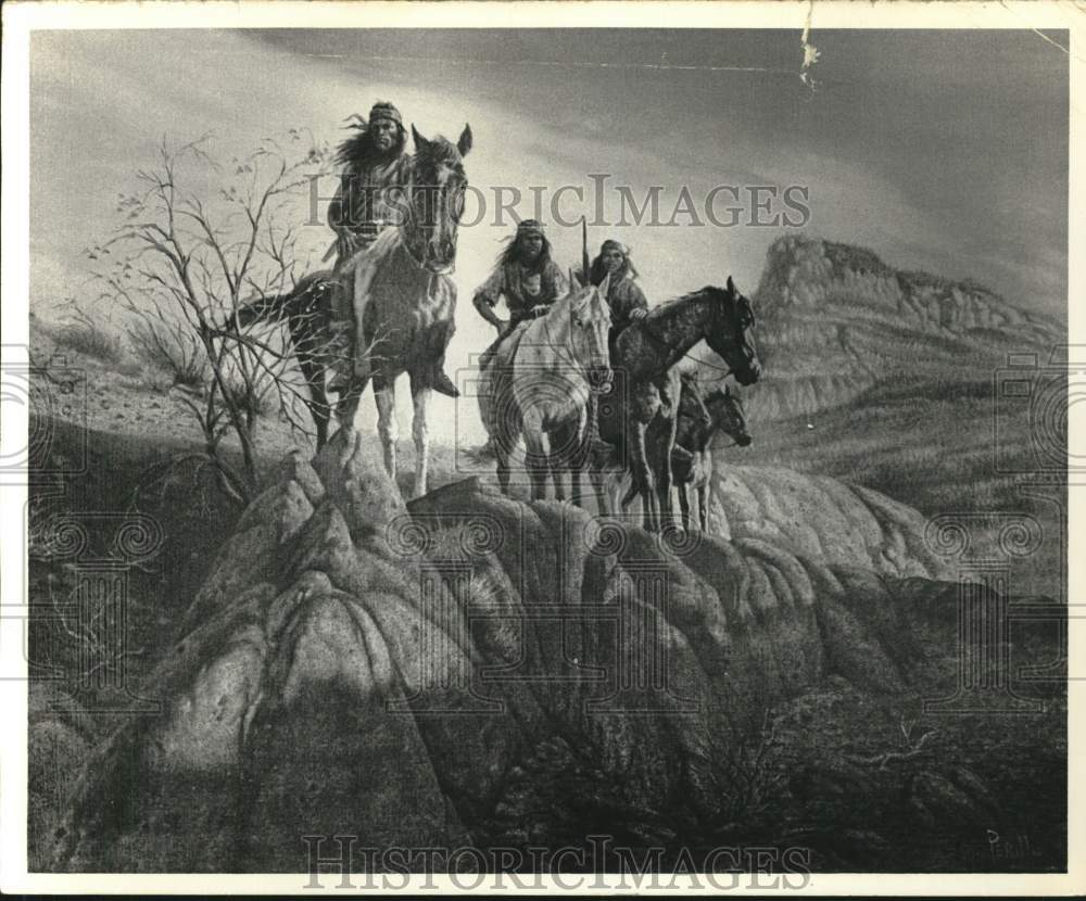 1976 Press Photo Artist Gregory Perillo&#39;s Painting of Indians in the Desert - Historic Images