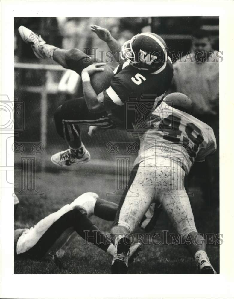 Press Photo Montclair St. Football's #49 Howie Hubler tackles Jack Scholz - Historic Images