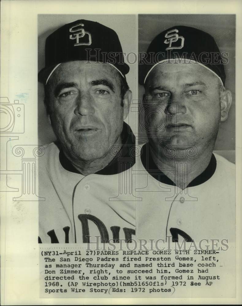 1972 Press Photo San Diego Padres baseball managers Preston Gomez, Don Zimmer- Historic Images