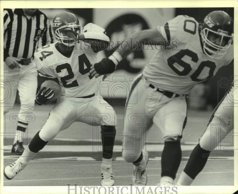 1986 Press Photo New York Jets football players Freeman McNeil, Dan Alexander- Historic Images