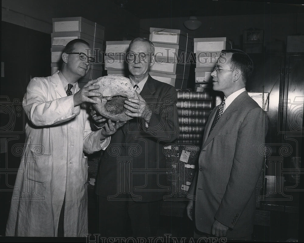 1952 Press Photo CR Stillinger inspects fungus with Dr. WH Baker &amp; Prof McMullen - Historic Images
