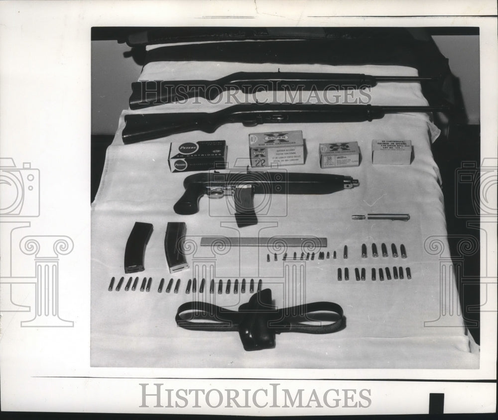 1966 Press Photo Arsenal of Weapons Recovered Following Wild Shooting Spree - Historic Images