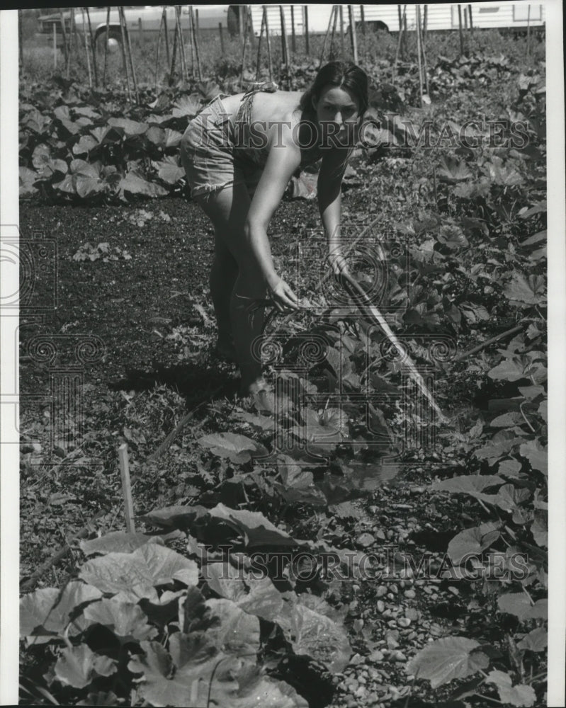 1975 Press Photo Garden-A lady uses hose to water the plants - spa62860 - Historic Images