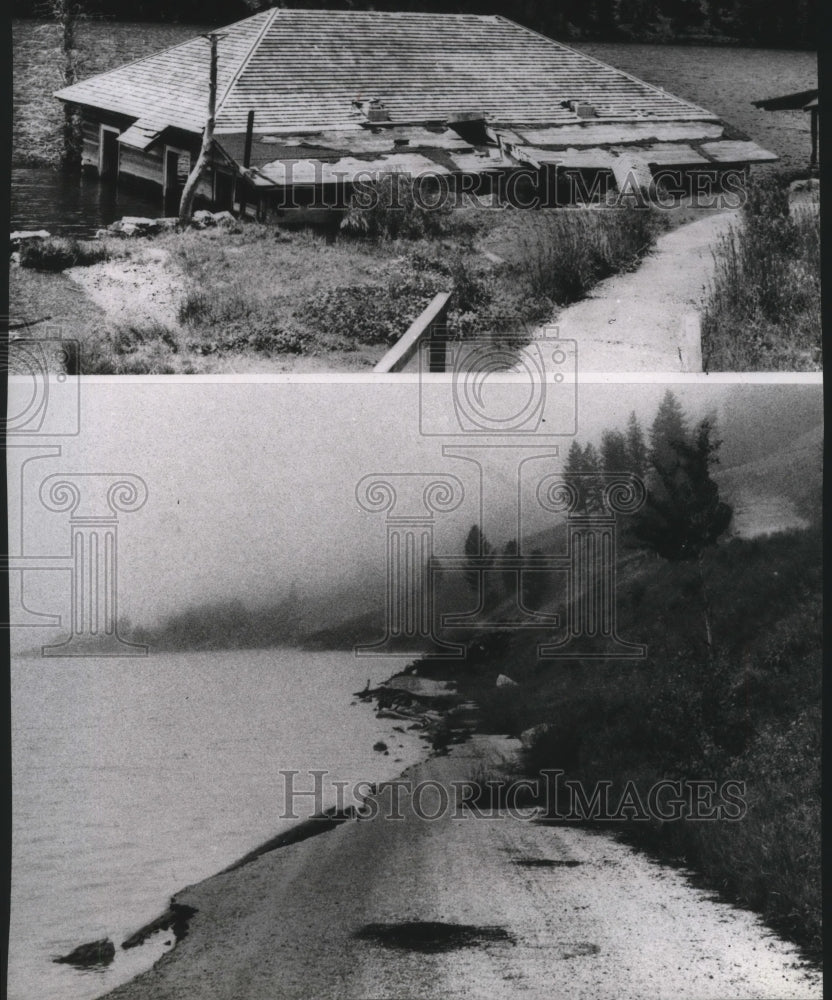 1969 Press Photo Quake damage Hebgen Dam & a road once ran through Madison river - Historic Images