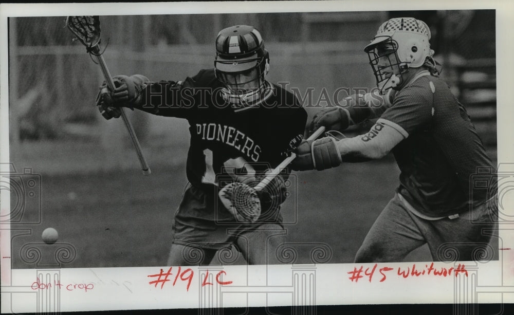 1984 Press Photo Lacrosse - Whitworth's Steve and L & C College Rich Farguhar - Historic Images
