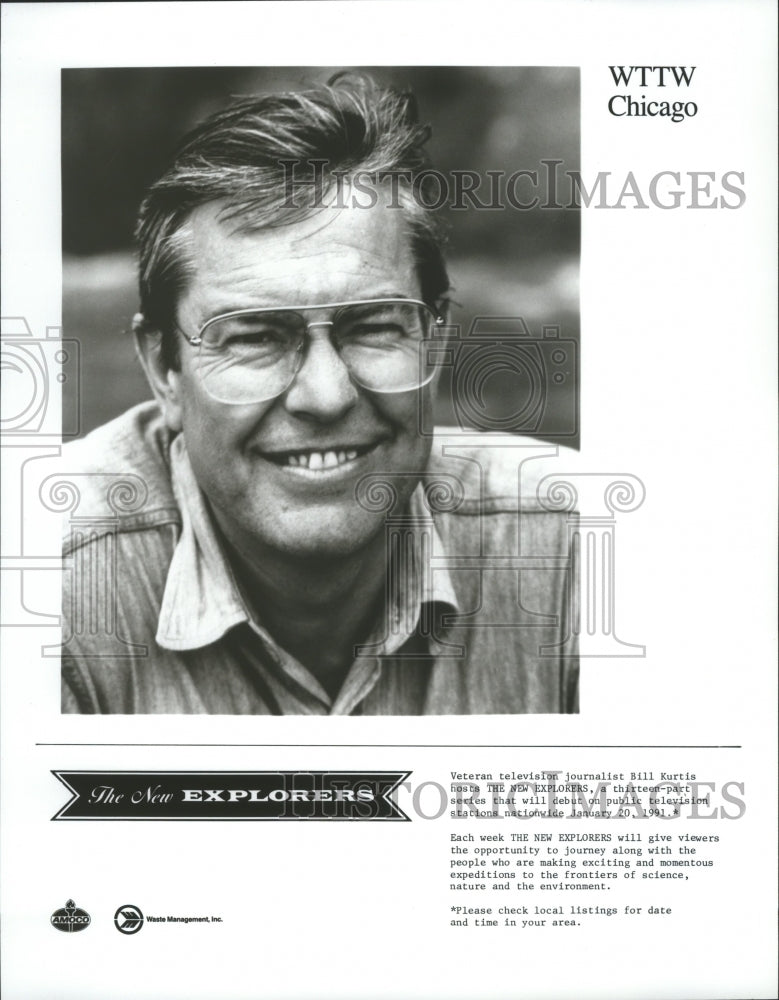 1990 Press Photo Veteran TV Journalist Bill Kurtis hosts The New Explorers - Historic Images