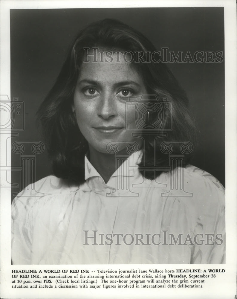 1990 Press Photo TV journalist Jane Wallace hosts Headline: A World of Red Ink - Historic Images
