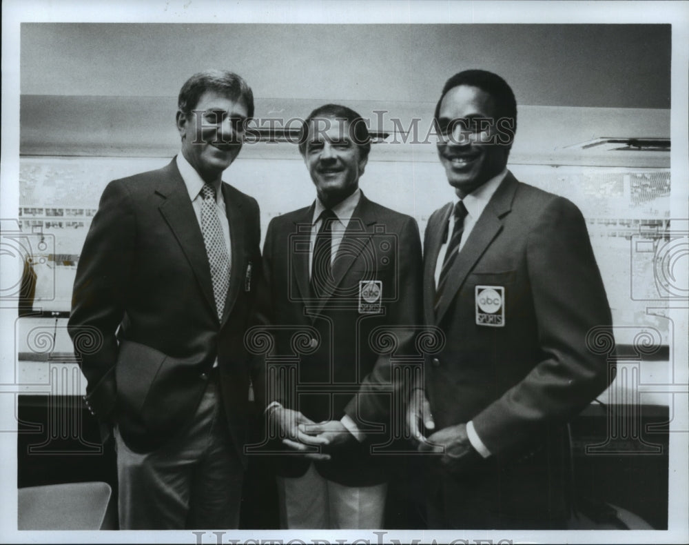 1985 Press Photo Don Meredith, Frank Gifford and O.J. Simpson of Super Bowl XIX - Historic Images