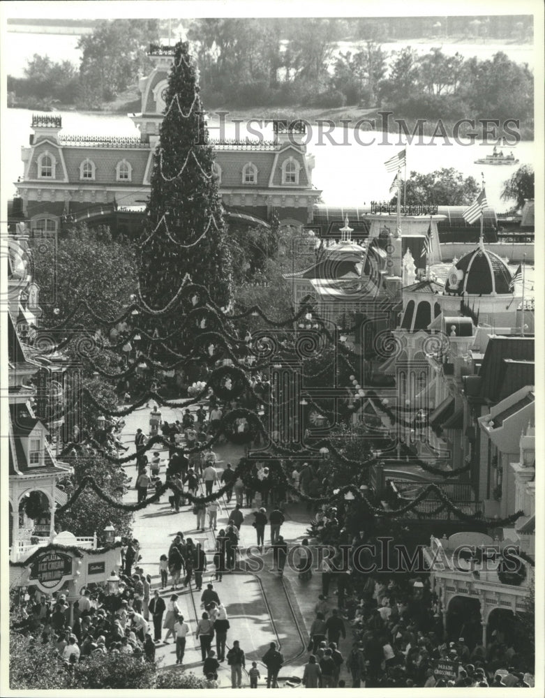 1991 Press Photo Magic Kingdom&#39;s Douglas Fir. Town Square Christmas Tree - Historic Images