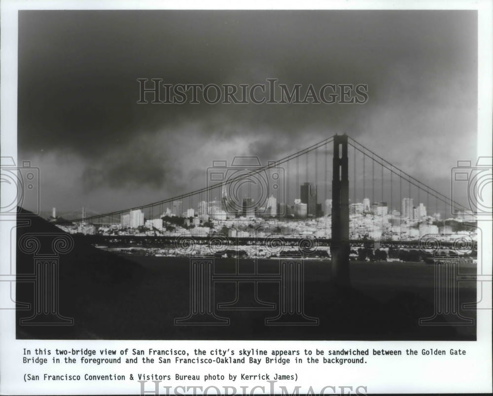 1980 Press Photo San Francisco skyline shows the city's two famous bridges. - Historic Images