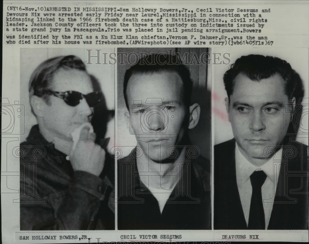 1967 Press Photo SH Bowers, Jr. & others arrested for the death of civil leader - Historic Images