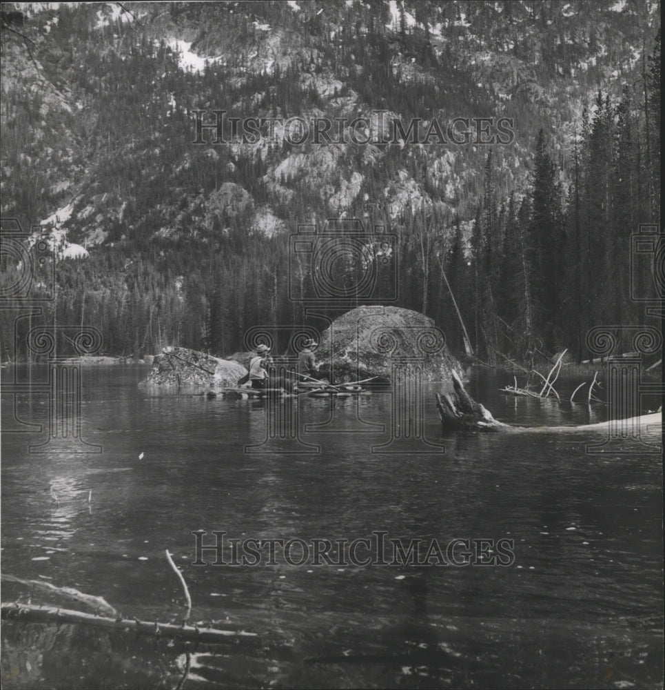 Press Photo Men Fishing on Lake in Cascade Mountains - spa86916 - Historic Images