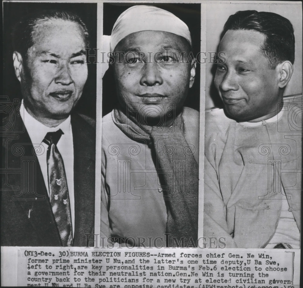 1959 Press Photo U Ba Swe, U Nu, Ne Win are Burma election candidates-Historic Images