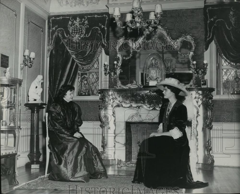 Press Photo Women in period dress before a fireplace in Cheney Cowles Museum - Historic Images