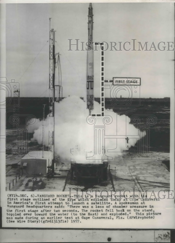 1957 Press Photo The Vanguard rockets exploded on its first attempt to launch - Historic Images