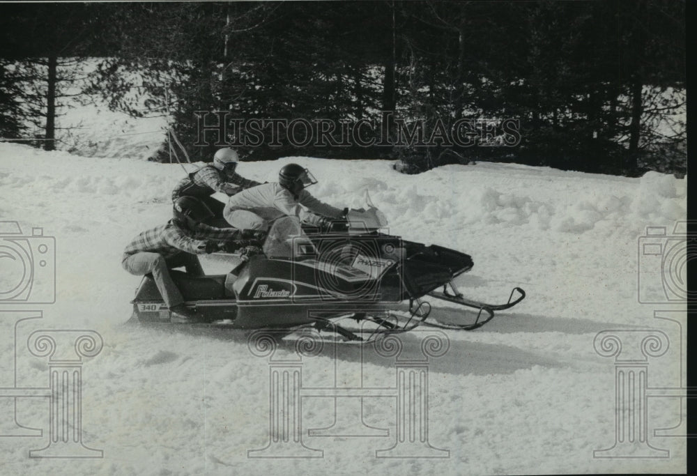 1993 Snowmobile riders race through snow at Horsehaven Airstrip - Historic Images