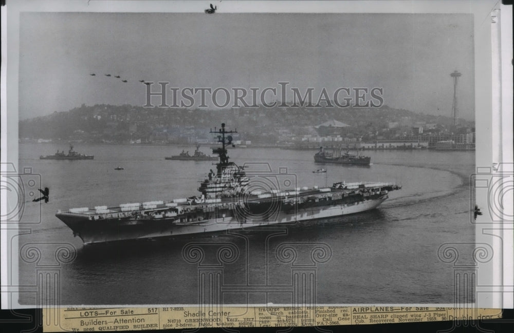 1963 Press Photo Navy&#39;s aircraft carrier Bennington &amp; crew circles Elliott Bay - Historic Images