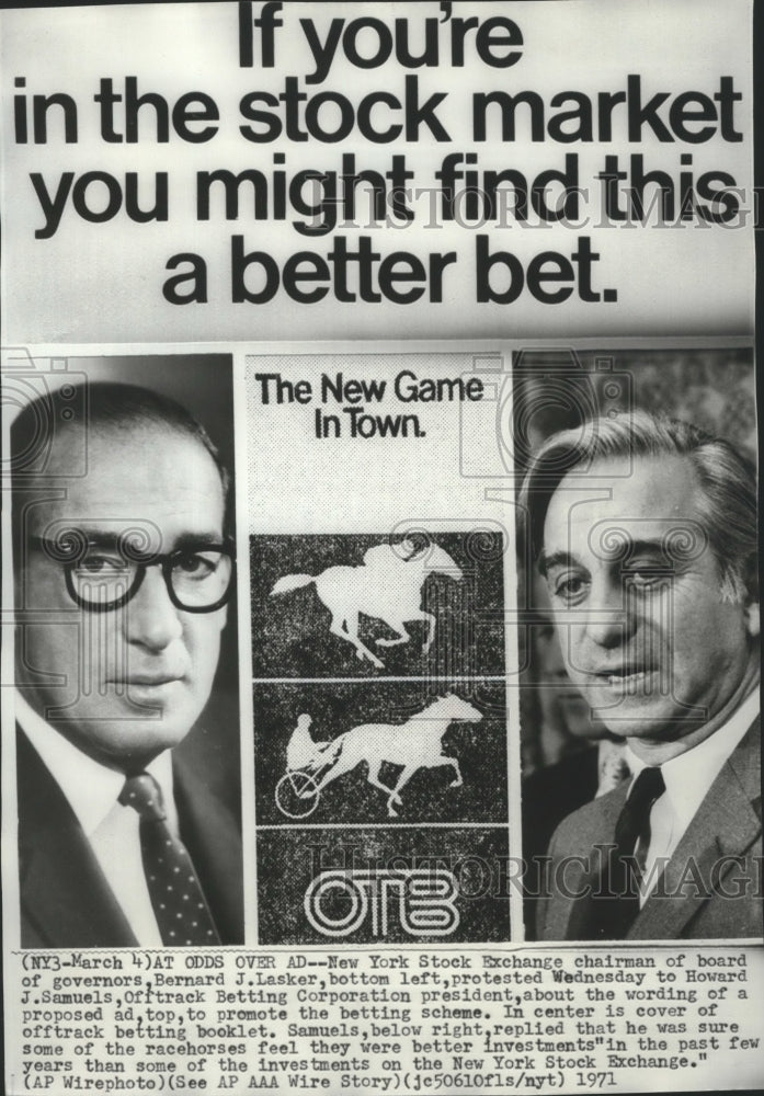 1971 Press Photo Howard J. Samuels with ad for Offtrack Betting Corporation - Historic Images