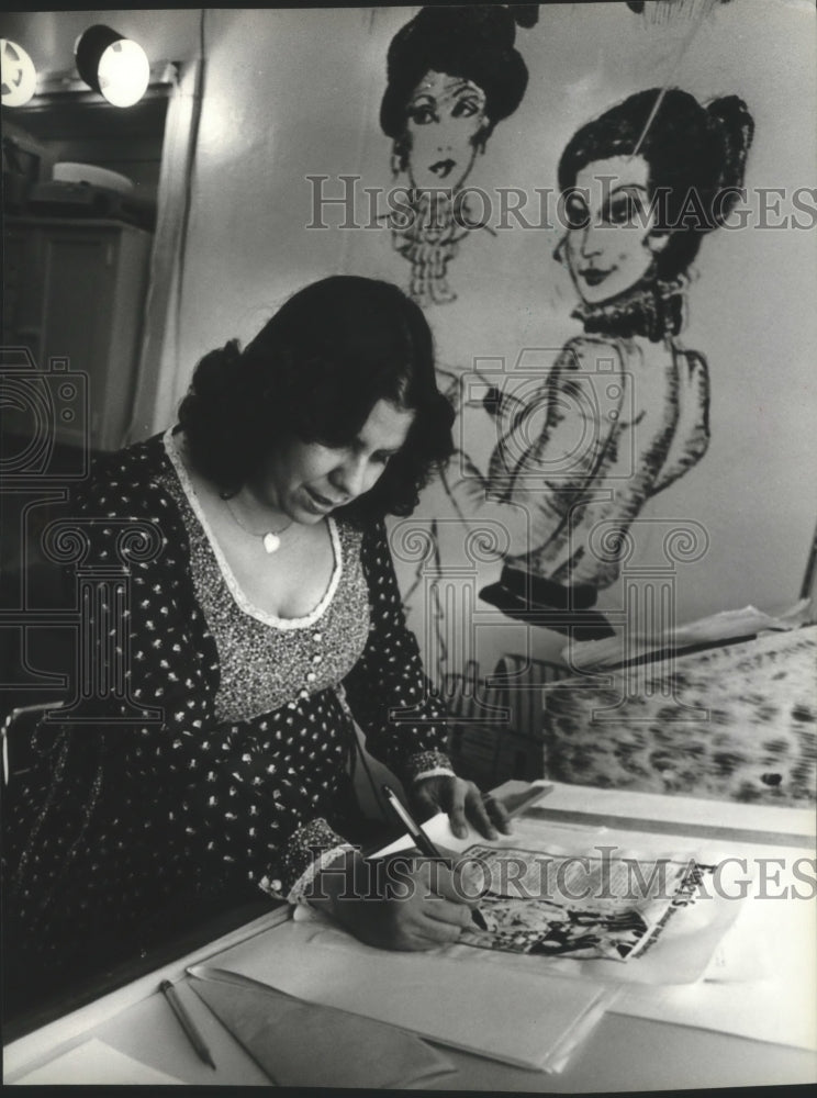 1979 Jo Palm sits at desk drawing, Colville, Washington-Historic Images