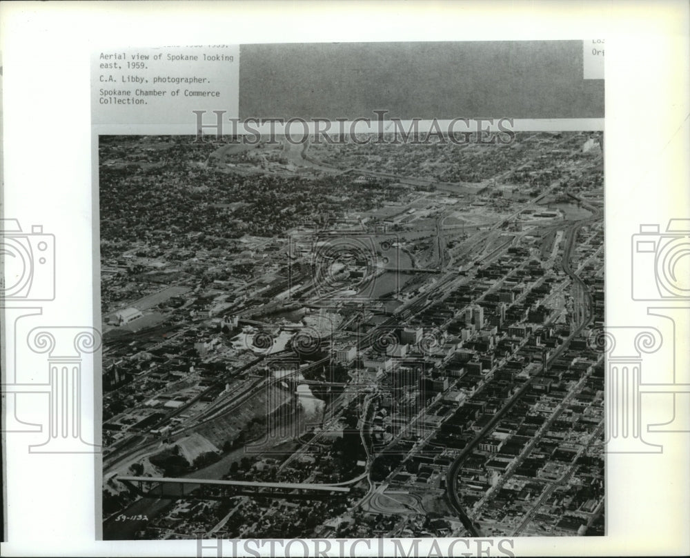 1959 Aerial View of Spokane looking East with Spokane River Historic