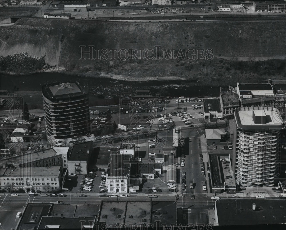 1973 Aerial View of River Falls Tower on West Riverside, Spokane - Historic Images