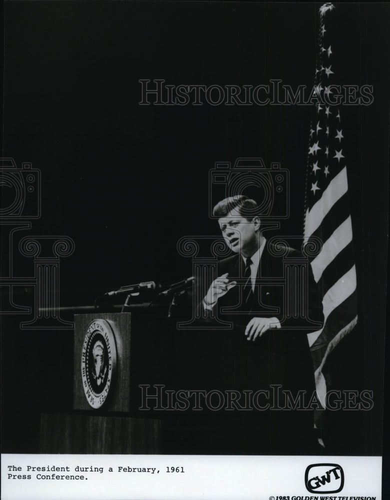 1961 President John F. Kennedy during a press conference. - Historic Images