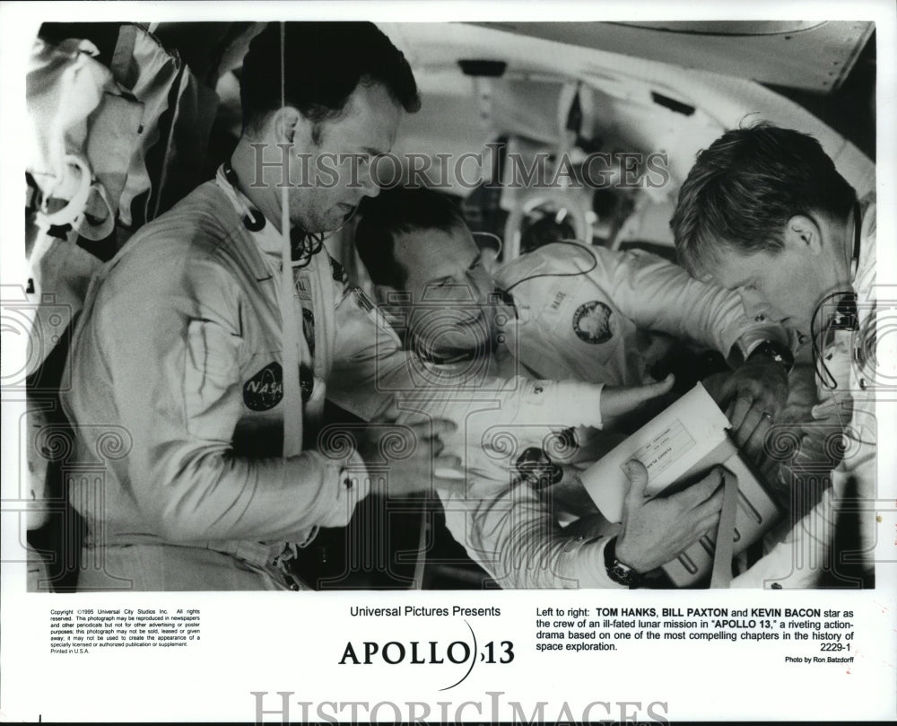 1995 Press Photo Tom Hanks, Bill Paxton and Kevin Bacon in Apollo 13. - Historic Images
