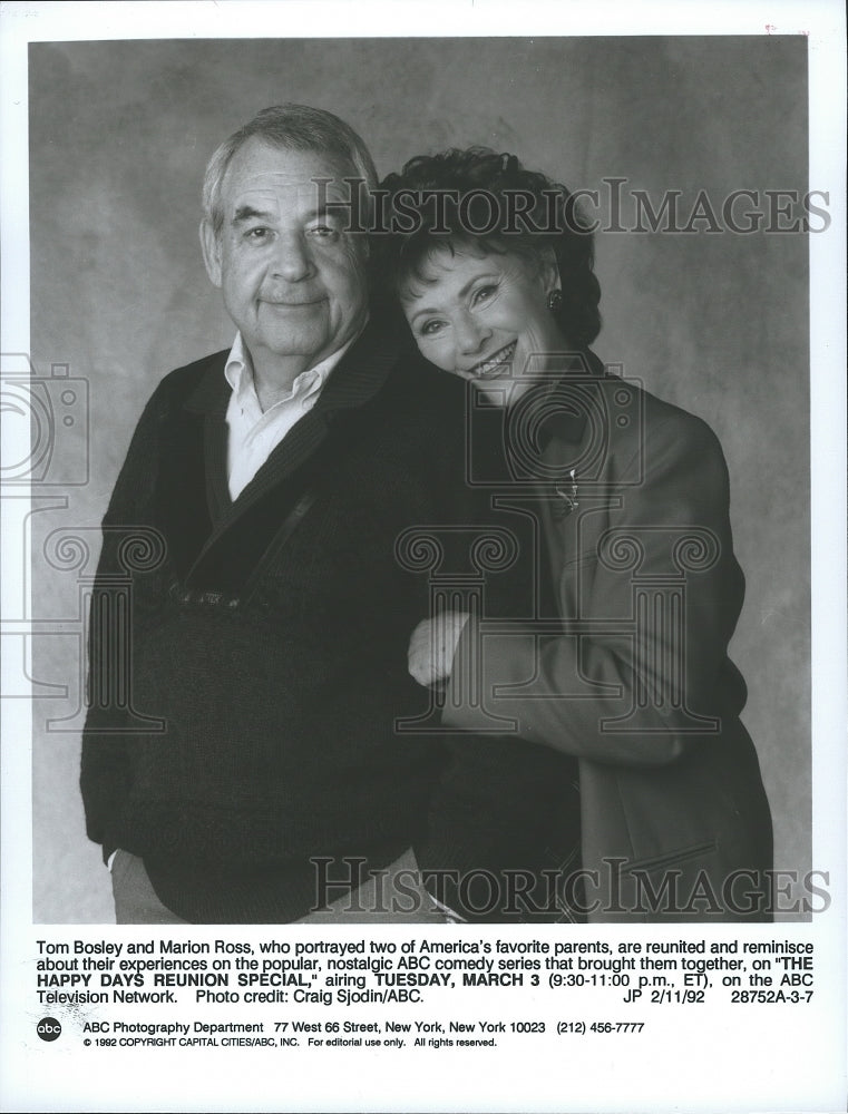 1992 Press Photo Tom Bosley & Marion Ross star in The Happy Days Reuni ...