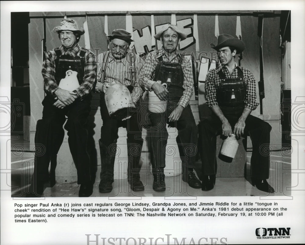 1981 Press Photo Paul Anka, George Lindsay, and Grandpa Jones on Hee Haw. - Historic Images