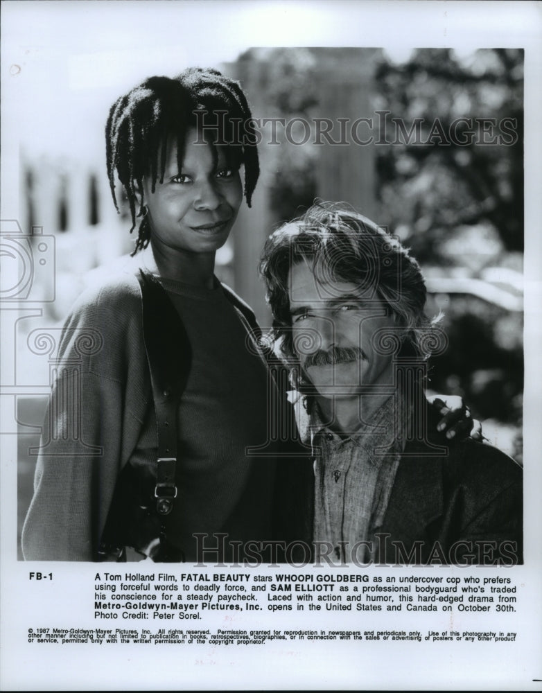 1987 Press Photo Whoopi Goldberg and Sam Elliott star in Fatal Beauty. - Historic Images