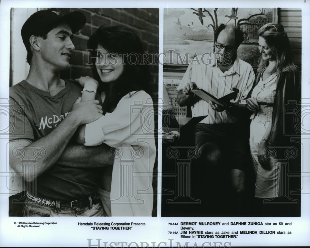 1989 Press Photo Dermot Mulroney, Daphne Zuniga &amp; Jim Haynie in Staying Together - Historic Images