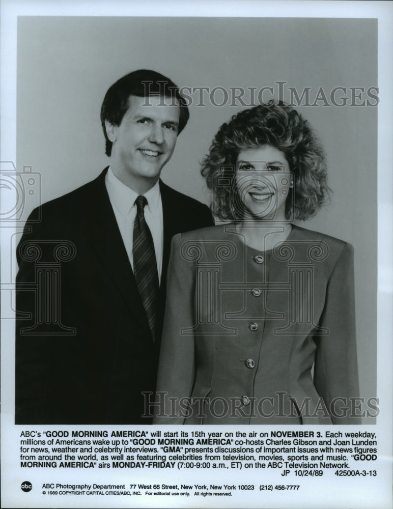 1989 Press Photo Charles Gibson, Joan Lunden co host "Good Morning America" - Historic Images