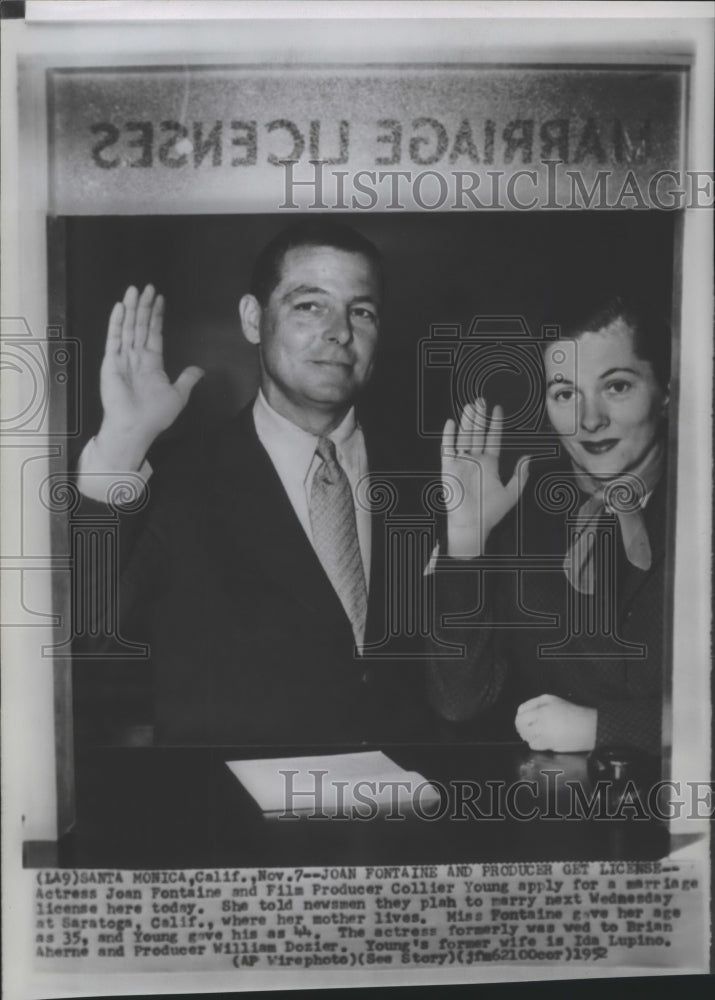 1952 Press Photo Actress Joan Fontaine and Collier Young apply for marriage. - Historic Images