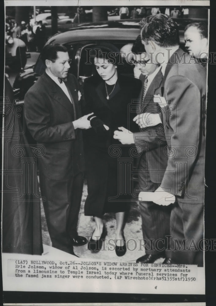 1950 Press Photo Mrs. Erle Jolson, widow of Al Jolson at husband&#39;s funeral - Historic Images