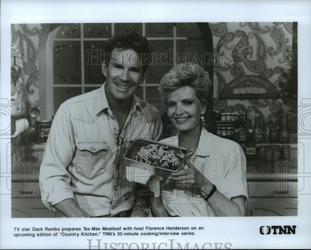 1989 Press Photo Dack Rambo and Florence Henderson on Country Kitchen, on TNN. - Historic Images