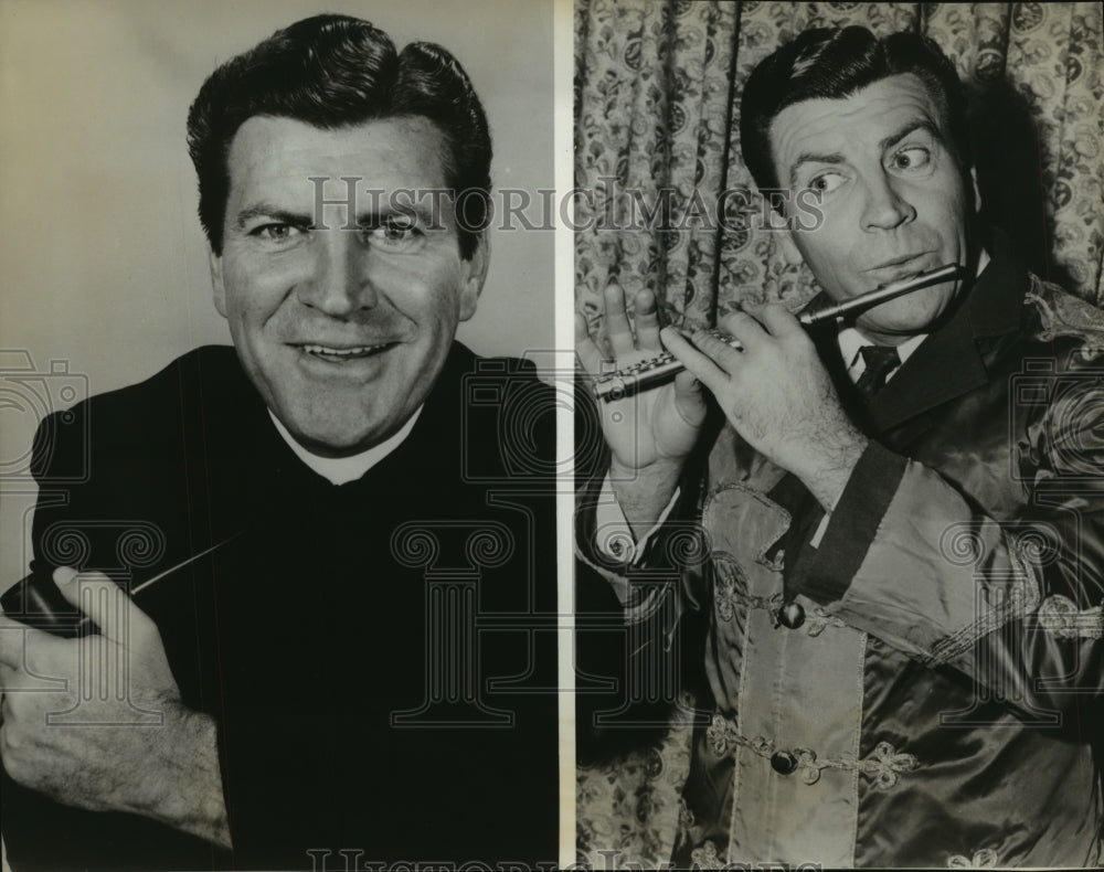 1957 Robert Preston plays flute in Broadway musical "The Music Man"-Historic Images