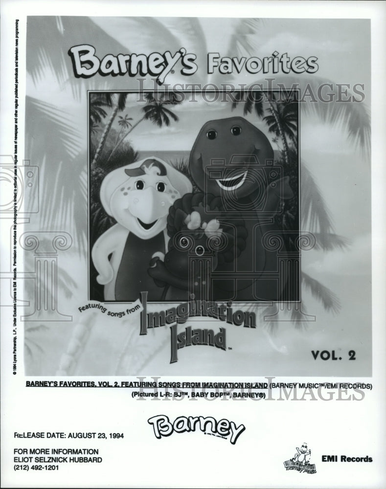 1994 Press Photo Barney's Favorites Vol. 2 with songs from Imagination Island. - Historic Images