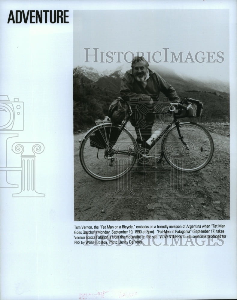 1990 Press Photo Tom Vernon, &quot;Fat Man on a Bicycle,&quot; on &quot;Adventure&quot; - Historic Images