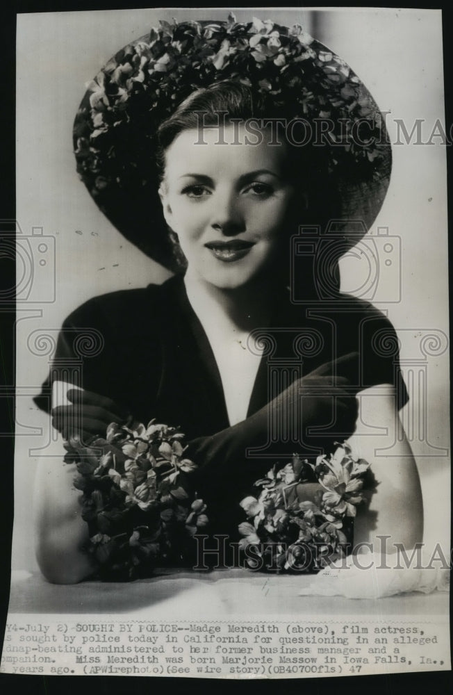 1947 Press Photo Actress Madge Meredith, AKA Marjorie Massow from Iowa Falls-Historic Images
