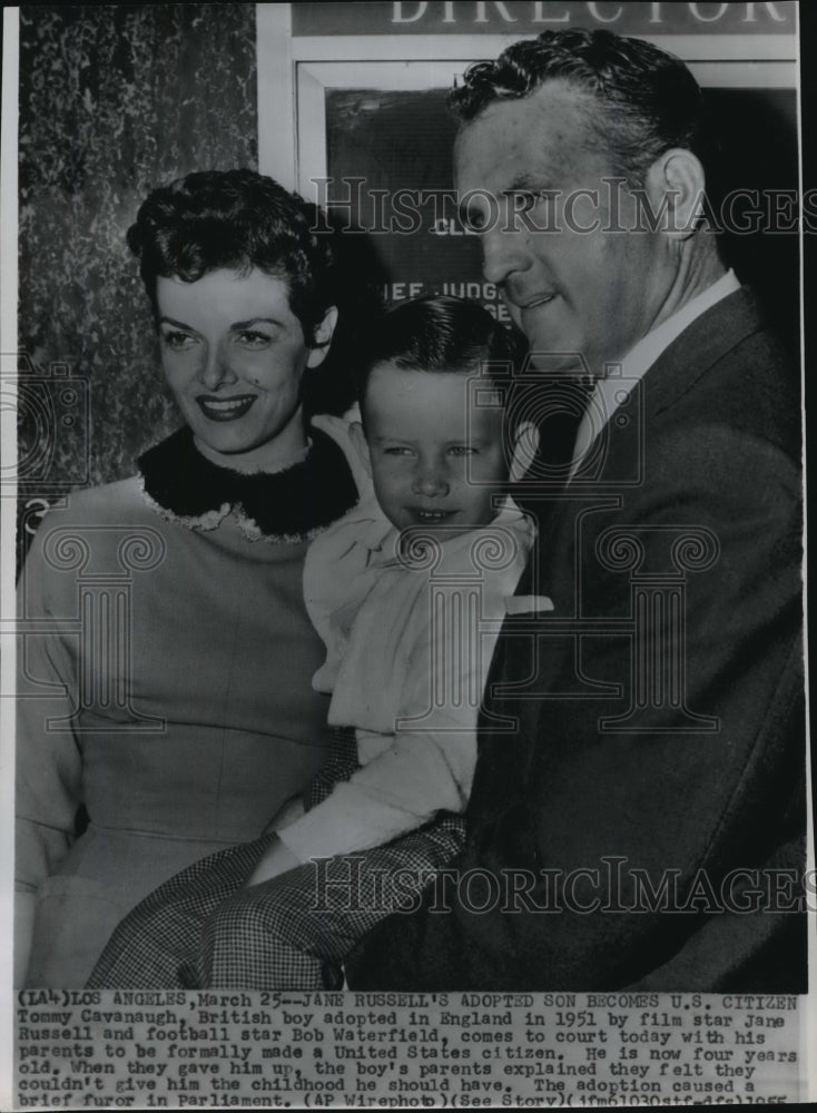 1955 Press Photo Jane Russell with her adopted son Tommy and Bob Waterfield-Historic Images
