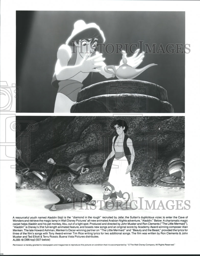 1992 Press Photo Aladdin, Abu and magic carpet in scenes from the animated movie - Historic Images