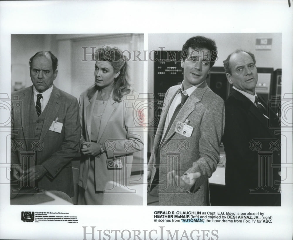 1984 Press Photo Gerald S. O'Laughlin, Heather McNair, Desi Arnaz, Jr in Automan - Historic Images